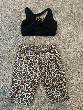 Leopard Print Bike Shorts and Blk Sports Bra